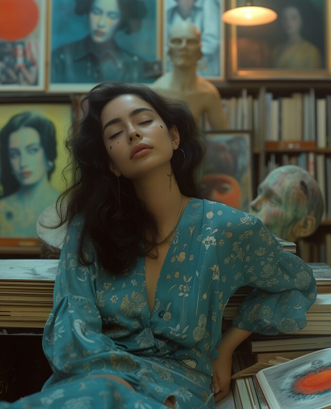 Serene Woman Surrounded by Art