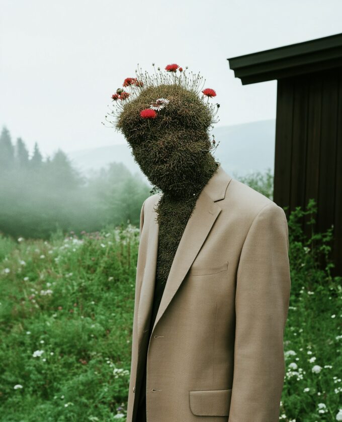 Surreal Human Figure with Grass and Flowers