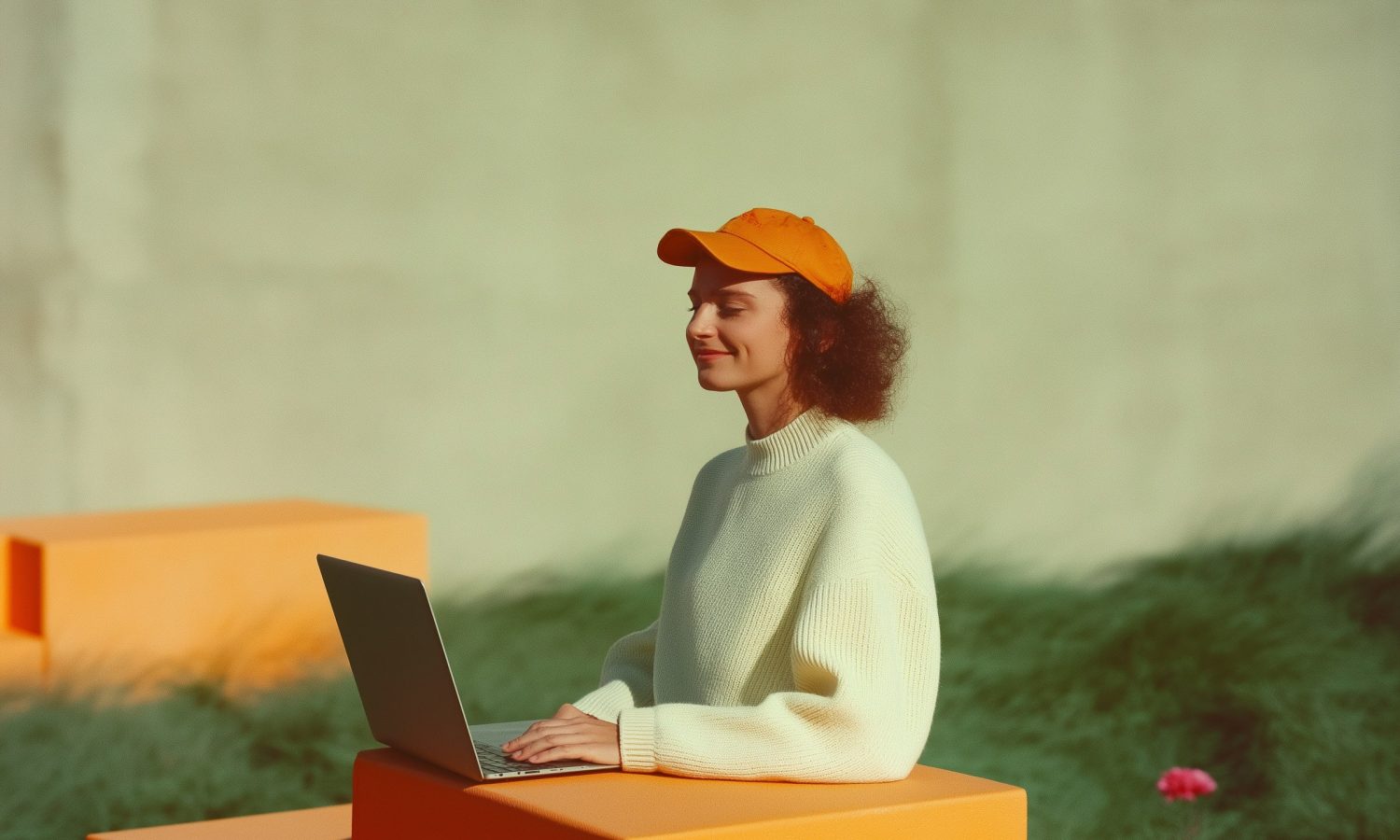 Person on Orange Cube with Laptop