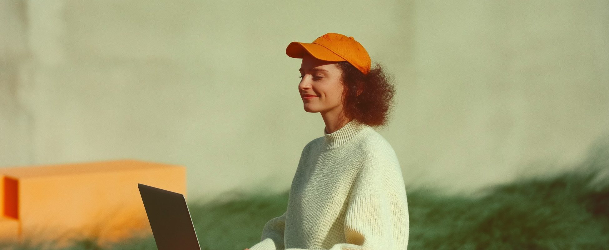 Person on Orange Cube with Laptop